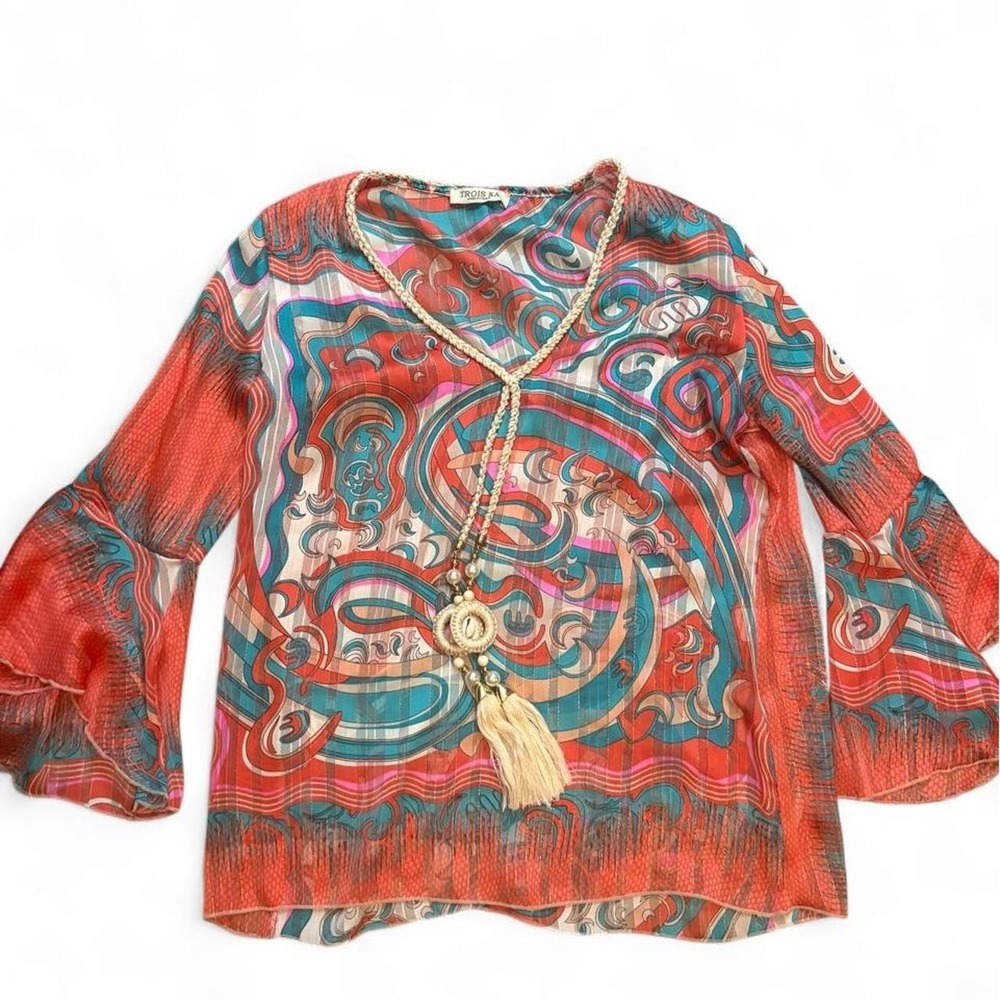 Trois Ka Made in France Psychedelic Boho Bell Sleeve Tassel Tunic